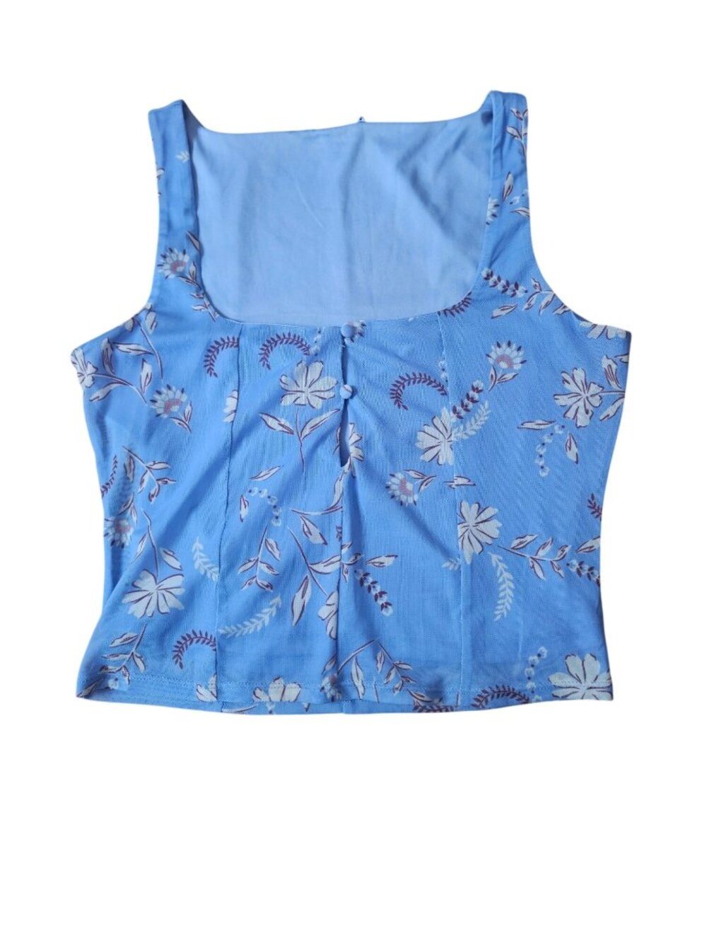 Blue Floral Sleeveless Blouse With Square Neckline & Pleated Details - Size M